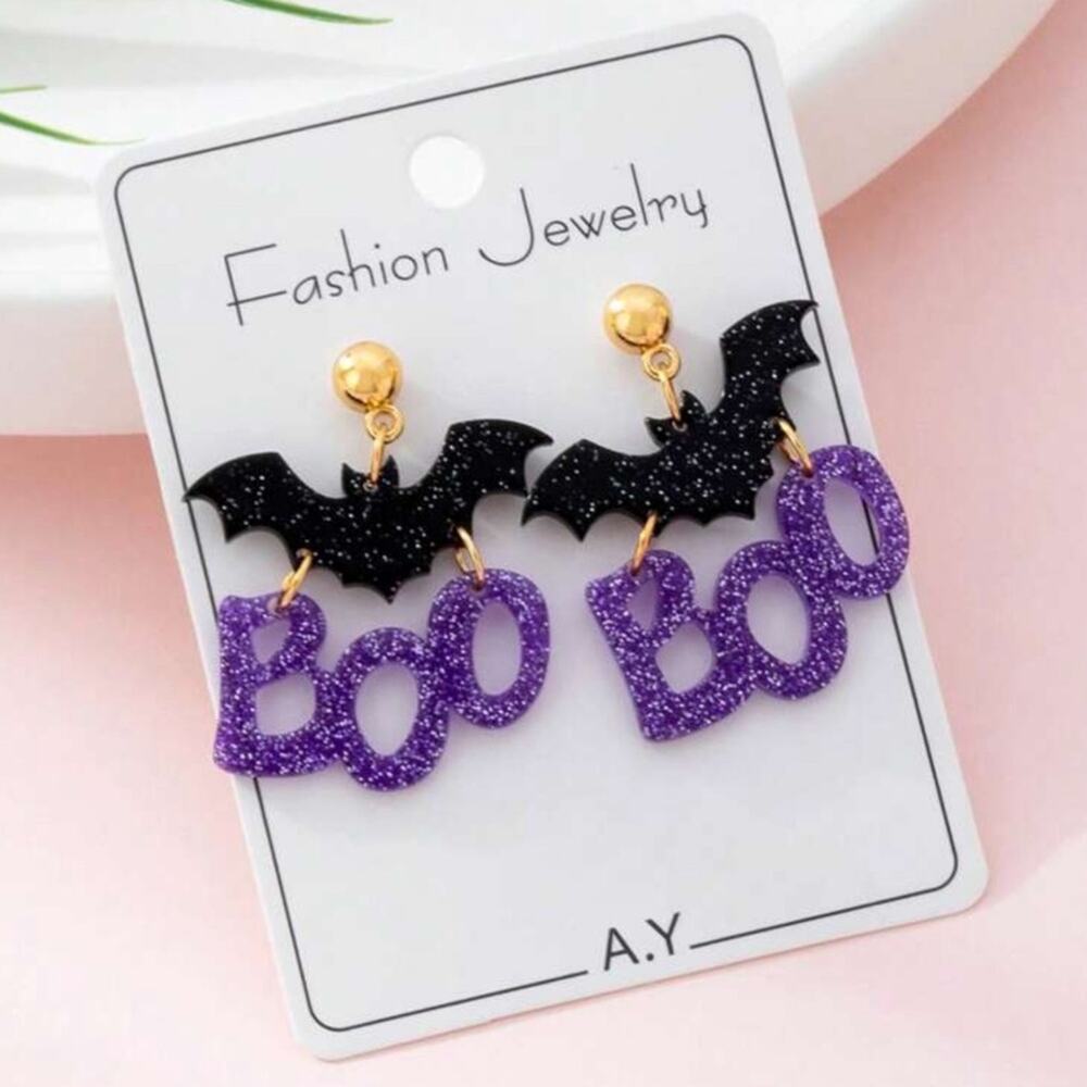 Bat With Boo Purple & Black Halloween Dangle Earrings